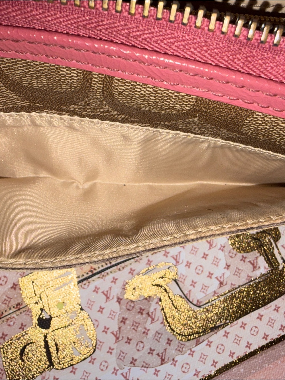Coach Coated Canvas Tan Monogram Zip Closure Wallet with Pink Trim - Picture 10 of 12